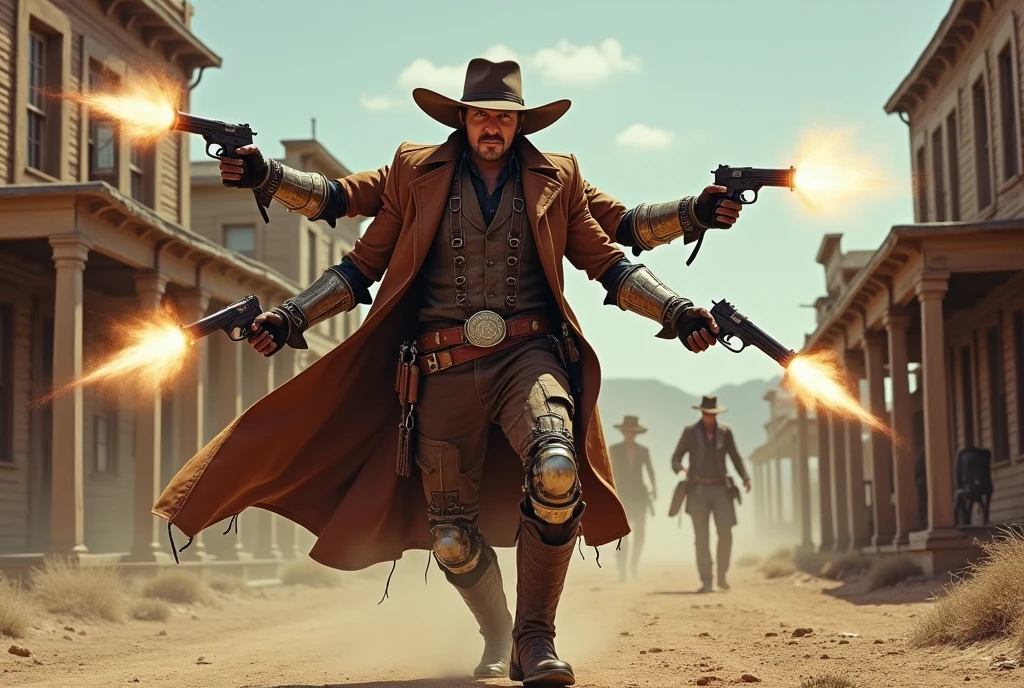 A four armed cowboy cyborg (lit eyes, cowboy hat, leather duster, guns, obviously mechanical. cowboy boots), gun battle middle of a ghost town, shootout with bandits , epic shootout, lots of gunfire, 'Jack Tombstone III' written in clear letters across the top of screen