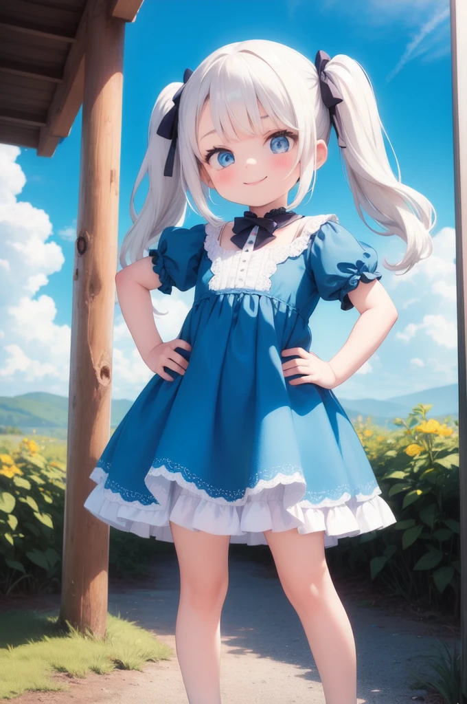 masterpiece, best quality, 1girl, looking at viewer, evil smile, blue sky, twintails, cute dress, hand on hip