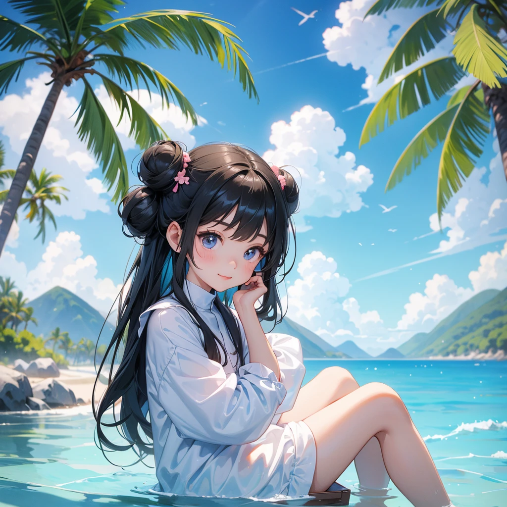 A chibi child girl had a small face and wearing a little tourist priest’s outfit, a pair of big round eyes shone with curiosity about him. This child was so cute, her hair is black with buns on her hair. Small chibi , chibi baby, smiling , chibi.
Sitting fishing By the blue sea Under the coconut tree Behind there are mountains, with low, lazily floating clouds.