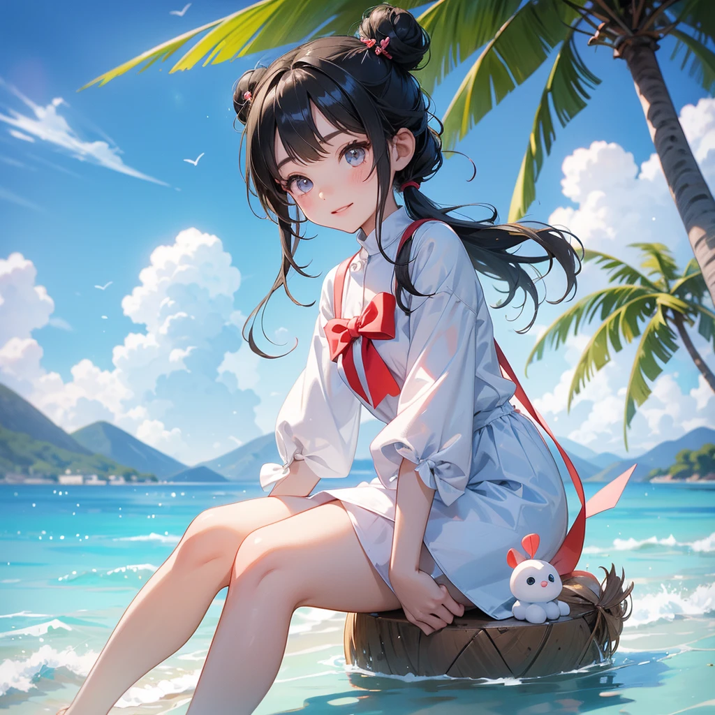 A chibi girl had a small face and wearing a little tourist priest’s outfit, a pair of big round eyes shone with curiosity about him. This childso cute, her hair is black with buns on her hair. Small chibi , chibi baby, smil, chibi.
Sitting fishing By the blue sea Under the coconut tree Behind there are mountains, with low, lazily floating clouds.