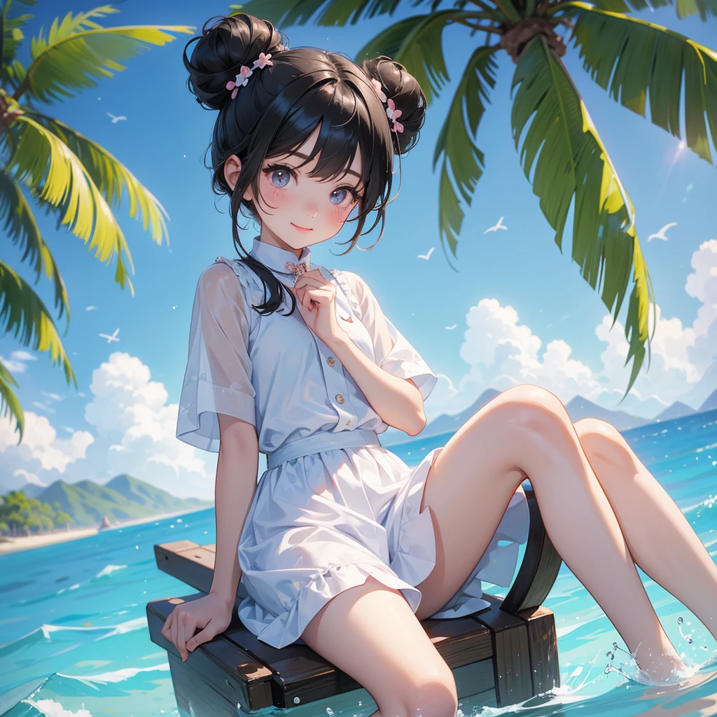 A chibi  girl had a small face and wearing a little tourist priest’s outfit, a pair of big round eyes shone with curiosity about him. This childso cute, her hair is black with buns on her hair. Small chibi , chibi baby, smil, chibi. 

Sitting fishing By the blue sea Under the coconut tree Behind there are mountains, with low, lazily floating clouds.