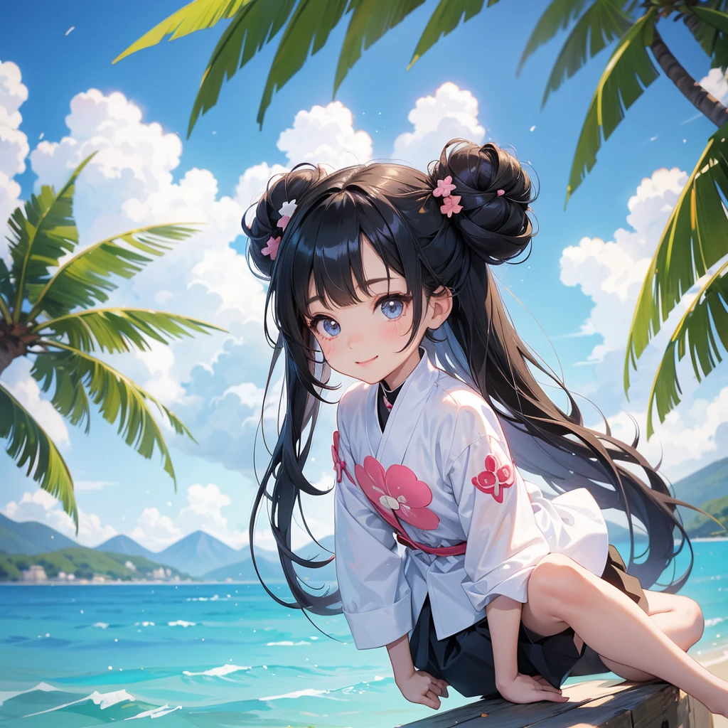 A chibi child girl had a small face and wearing a little tourist priest’s outfit, a pair of big round eyes shone with curiosity about him. This child was so cute, her hair is black with buns on her hair. Small chibi , chibi baby, smiling , chibi.
Sitting fishing By the blue sea Under the coconut tree Behind there are mountains, with low, lazily floating clouds.