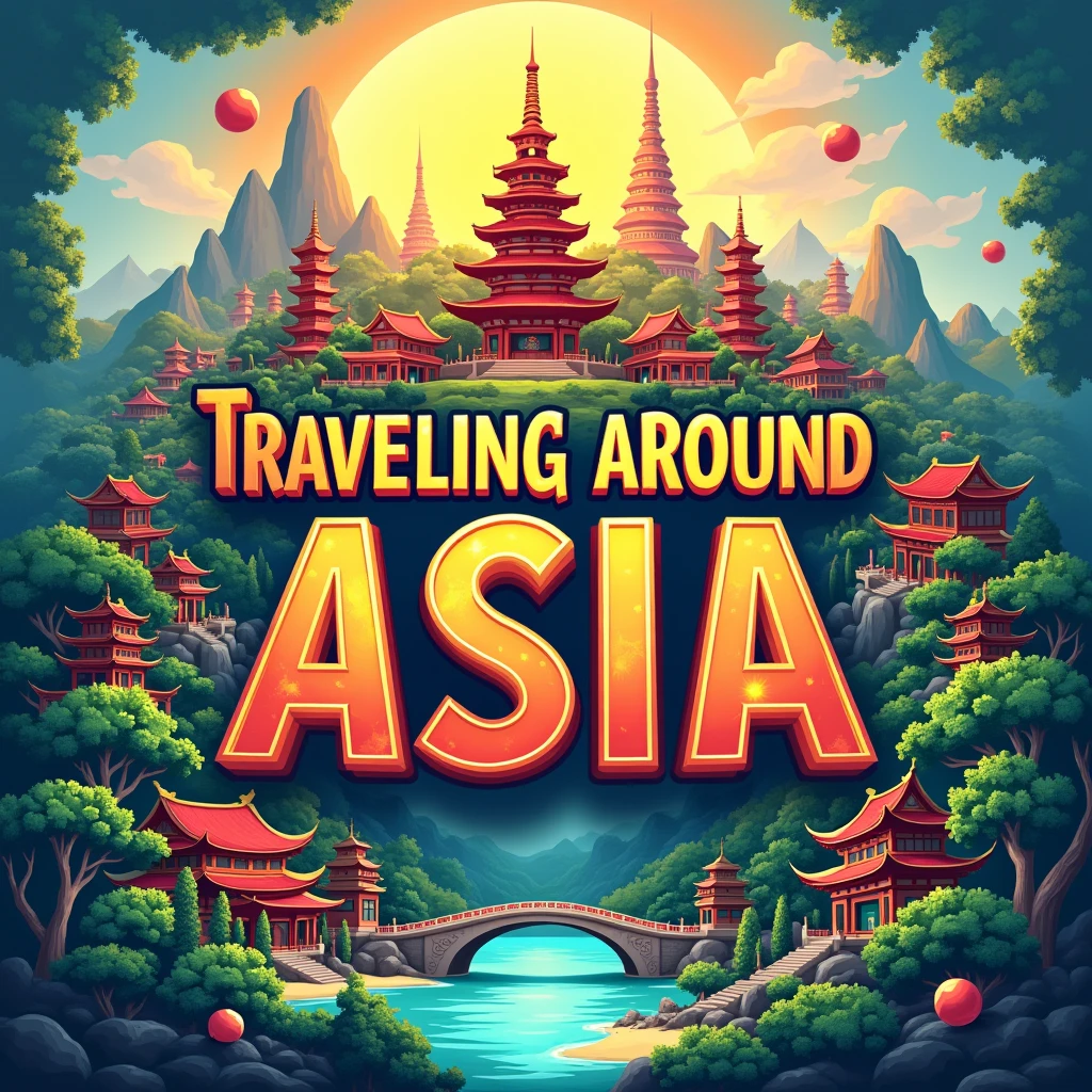 Design a picture with the text 'Travelling around Asia' as the central focus. The background should be a vibrant and colorful depiction of Asia, featuring landmarks like pagodas and tropical beaches. Use a bold, adventurous font for the name, ensuring it stands out clearly. The overall design should evoke a sense of exploration and wonder, making the name 'Travelling around Asia' the focal point