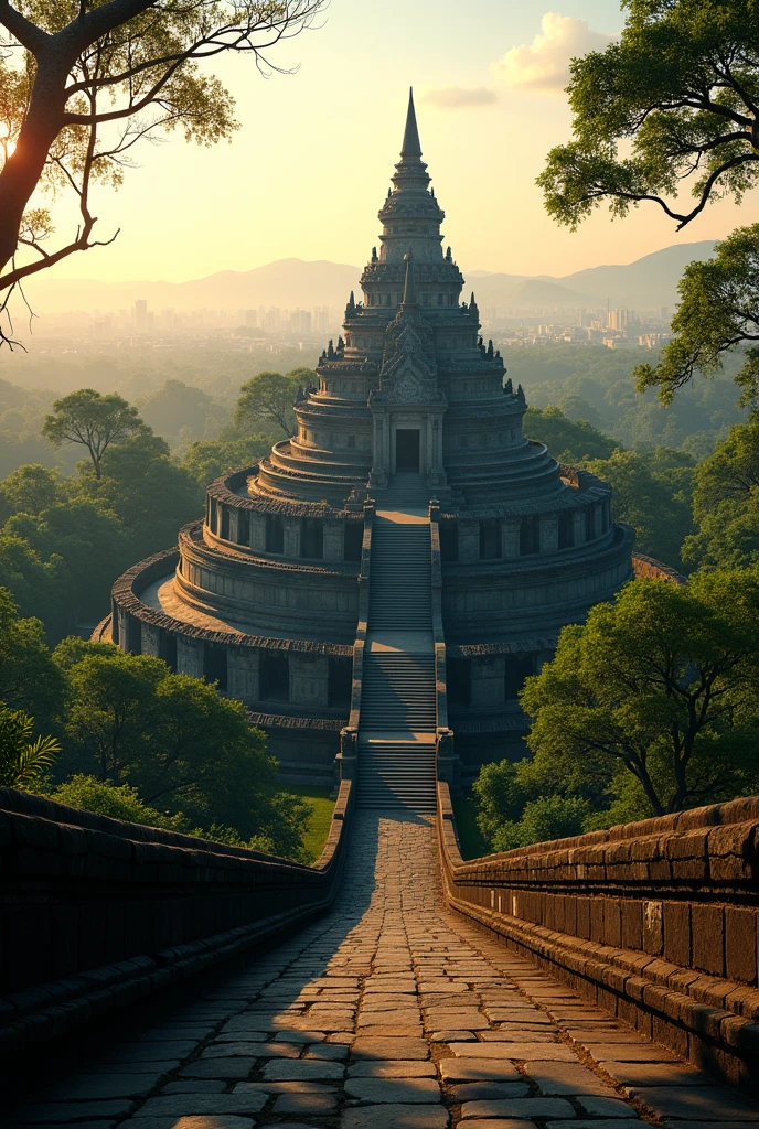 (masterpiece, realistic, 100:100) A temple of Borobudur on the upper corner, surrounded by forest, with an early morning atmosphere, heading downward there are stairs that connect to the Highway in the middle of the cities on right bottom of the picture.