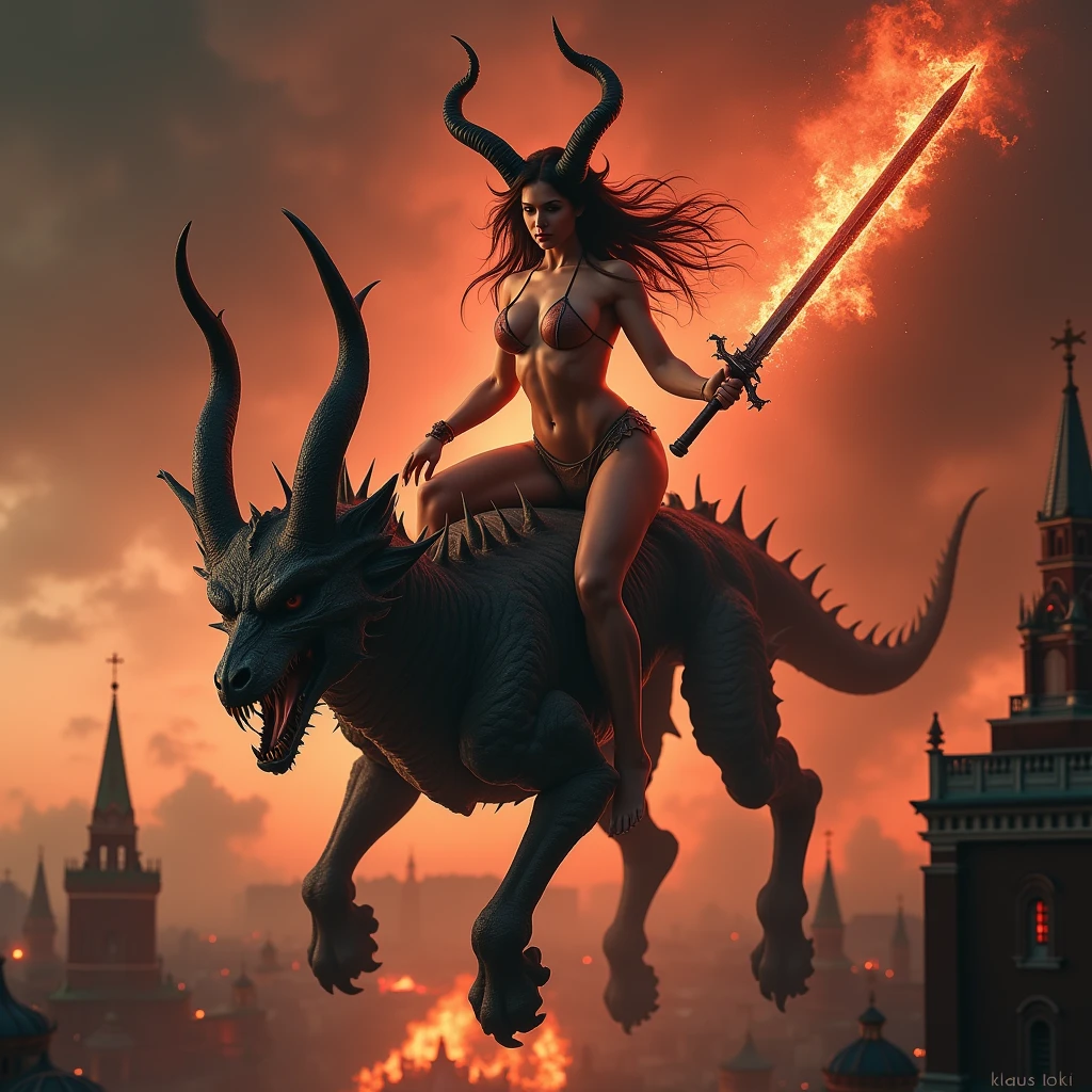 full length sexy Goddess of Revenge, she-devil, Big breasts ,naked body, Long horns, beautiful detailed eyes, beautiful detailed lips, very detailed face and body, with a Flaming Sword in his hands, rides on a skeleton - a dragon, burning ruins above the Burning Ruins of the Moscow Kremlin and Red Square at the bottom of the picture, and above in the sky is a meteor shower of fire, crimson sky, in the style of Luis Royo ((masterpiece, top quality, Highest image quality, a high resolution, photorealistic, RAW photo, 8 K)), ((extremely detailed wallpaper CG unified 8k)), (Huge stunning goddess shot, Very hot and sexy, потрясающая beauty, perfect proportions, beautiful body, slender body, beauty:1.4) article: "Klaus Loki" is indicated in the down right corner of picture