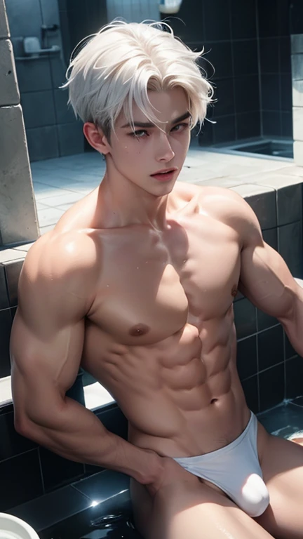 A young boy with white hair，fair skin，handsome，The triangle briefs are wet, so I took half of them off.，裸上半身Soaked in milk，Showing six-pack abs and chest muscles with water droplets on them，Soaked in milk，纖細長腿Soaked in milk，The bottom highlight is very large and dripping，Soaked in milk，Tilting their head back, they wore an expression of comfort.，hands on the floor，covered in milk，There&#39;s milk on your face too，身上Soaked in milk，Complete character，To the light，The light shines on the abdominal muscles