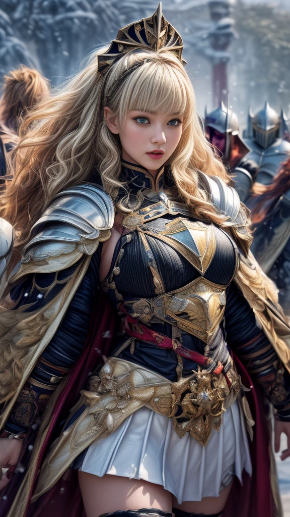 Very beautiful woman、Slender women、(Detailed face)、Realistic Skin、((Holy Knight)), ((Pearl White Armor))、((((Highly detailed and intricately decorated black armor.:1.1))))、((Delicate photo)),(Girl Astepeace RAW Photo Details:1.25), (Highest quality:1.6), (Ultra-high resolution:1.5), (Realistic:1.75), 8k resolution, Canon EOS R5, 50mm, Absurd, Very detailed,Cinema Lighting,((Fightfield))、((Fight))、(((White skirt with embellishments)))、Thigh-high socks、Shingard、((blonde))、((Curly Hair))、((Drill Hair))、((Short hair with bangs and wavy hair,))、Get a six pack、Cape、Beautiful Armor、(((Has a huge weapon)))、(In combat)、The wind is blowing、((Symmetrical armor))、((((Blizzard))))、(((Lead a large group of knights:1.2)))、banner、(((Battle Scenes)))、((Browsing Caution:1.2))、