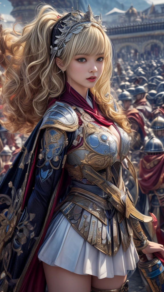 Very beautiful woman、Slender women、(Detailed face)、Realistic Skin、((Holy Knight)), ((Pearl White Armor))、((((Highly detailed and intricately decorated black armor.:1.1))))、((Delicate photo)),(Girl Astepeace RAW Photo Details:1.25), (Highest quality:1.6), (Ultra-high resolution:1.5), (Realistic:1.75), 8k resolution, Canon EOS R5, 50mm, Absurd, Very detailed,Cinema Lighting,((Fightfield))、((Fight))、(((White skirt with embellishments)))、Thigh-high socks、Shingard、((blonde))、((Curly Hair))、((Drill Hair))、((Short hair with bangs and wavy hair,))、Get a six pack、Cape、Beautiful Armor、(((Has a huge weapon)))、(In combat)、The wind is blowing、((Symmetrical armor))、((((Blizzard))))、(((Lead a large group of knights:1.2)))、banner、(((Battle Scenes)))、((Browsing Caution:1.2))、
