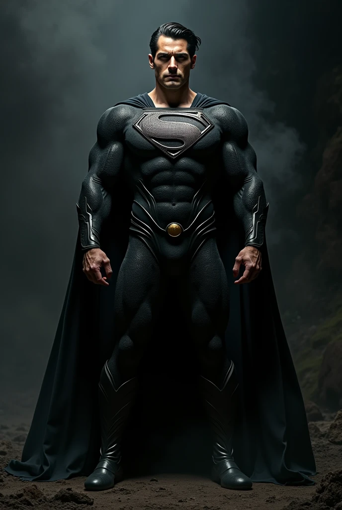 Superman is standing with his snake emblem symbol with a python annaconda and black theme on his chest, his costume is a black.