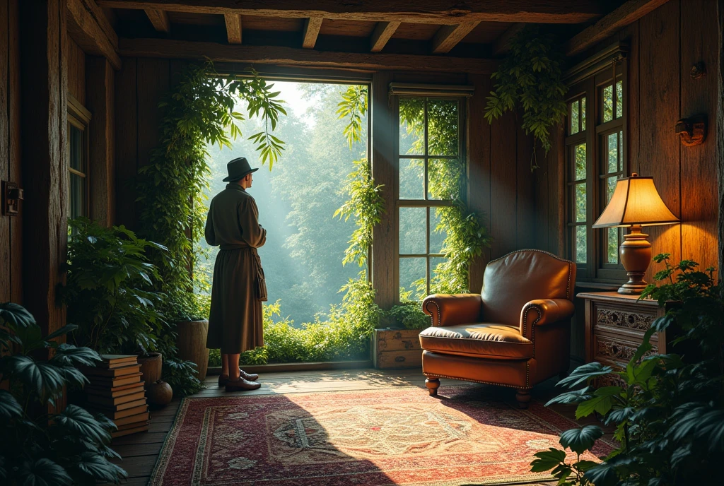 Upstairs in a room made from old wood in the forest