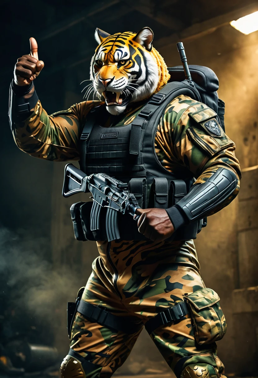 (a dark-skinned muscular fat old man in a bulky army camouflage zipper diver suit) thumbs up pose, carrying an AK-47, (wearing a small-sized realistic roaring tiger mask), dynamic action pose, fierce expression, roaring, showcasing an imposing stature, surrounded by military elements, dramatic shadows and intense highlights, cinematic color tones, high detail, powerful, art influenced by Bruce Onobrakpeya and Stanley Artgerm, ultra-detailed, best quality image, action-packed atmosphere. field background