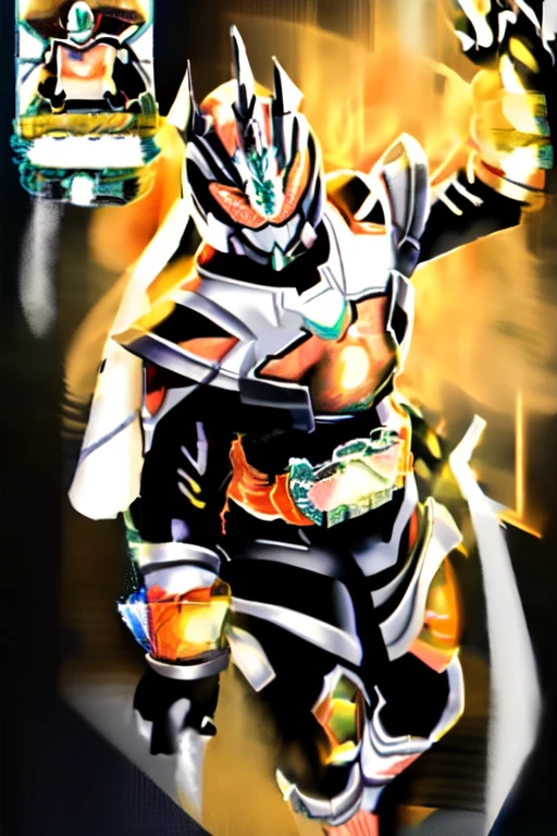majade, solo, 1girl,cowboy shot,full body,from above,(mature female, perfect female body,large breasts,narrow waist,wide hips,cameltoe), gloves, female focus,(skin tight bodysuit), shiny skin,luminous skin,covered navel,helmet,glowing eyes, orange eyes,orange hair,long hair,tokusatsu, kamen rider,rider belt,unicorn,horns, armor,cape, ((holding,holding glowing tarot cards,card between fingers)), hdr,bokeh,depth of field, abs,(translucent orange breastplate),see-through cleavage,from above,looking at viewer, glowing background, farting,