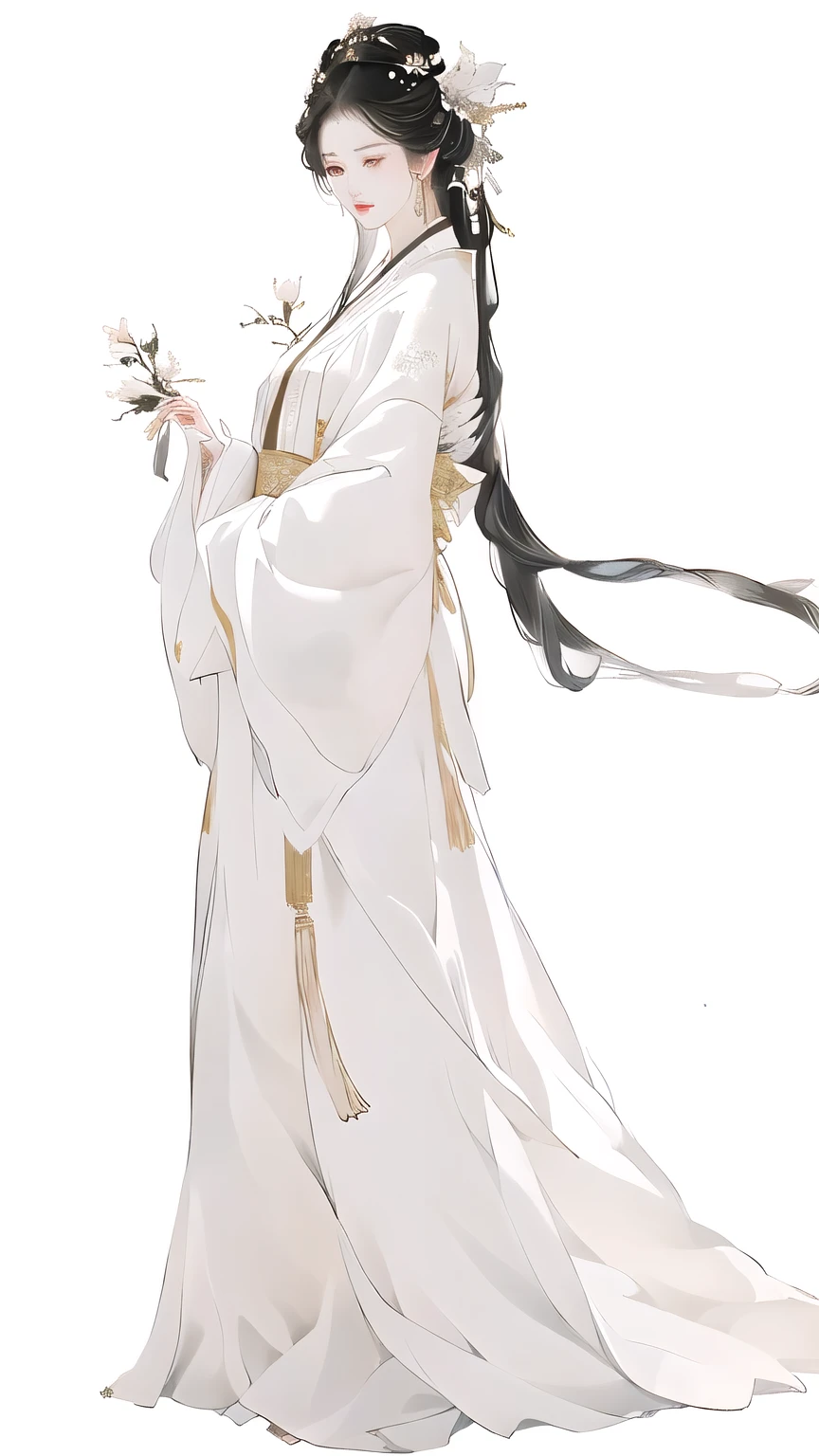 Wearing a white dress、Arav woman holding flowers, Long flowing hair and robes, flowing white robe, White Hanfu, palace , Girl wearing Hanfu, flowing white robe, wearing Flowing robe, Flowing robe, Produced in collaboration with Anime Painter Studio, Inspired by Zhao Yuan, Inspired by Lv Ji, Wearing a robe, heise jinyao