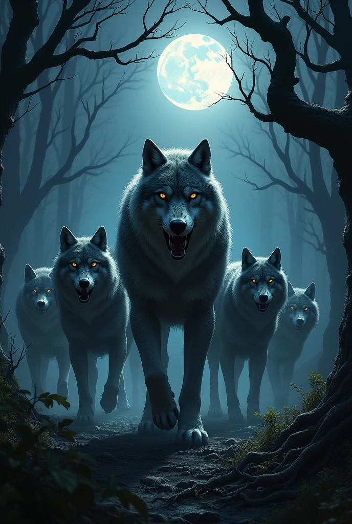 Wolf forest nigthmear hunter’ 1wolf’ leader front and 7 wolf leader back a 2 wolf opponnet 