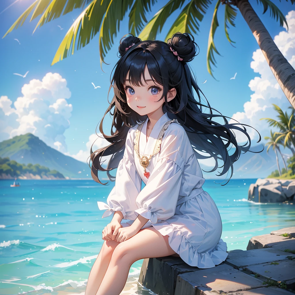 A chibi girl had a small face and wearing a little tourist priest’s outfit, a pair of big round eyes shone with curiosity about him. This childso cute, her hair is black with buns on her hair. Small chibi , chibi baby, smil, chibi.
Sitting fishing By the blue sea Under the coconut tree Behind there are mountains, with low, lazily floating clouds.