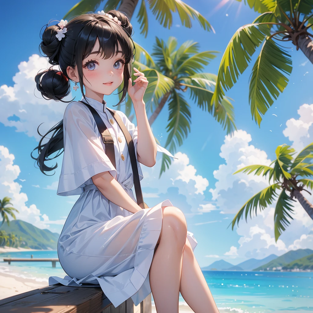 A chibi child girl had a small face and wearing a little tourist priest’s outfit, a pair of big round eyes shone with curiosity about him. This child was so cute, her hair is black with buns on her hair. Small chibi , chibi baby, smiling , chibi.
Sitting fishing By the blue sea Under the coconut tree Behind there are mountains, with low, lazily floating clouds.