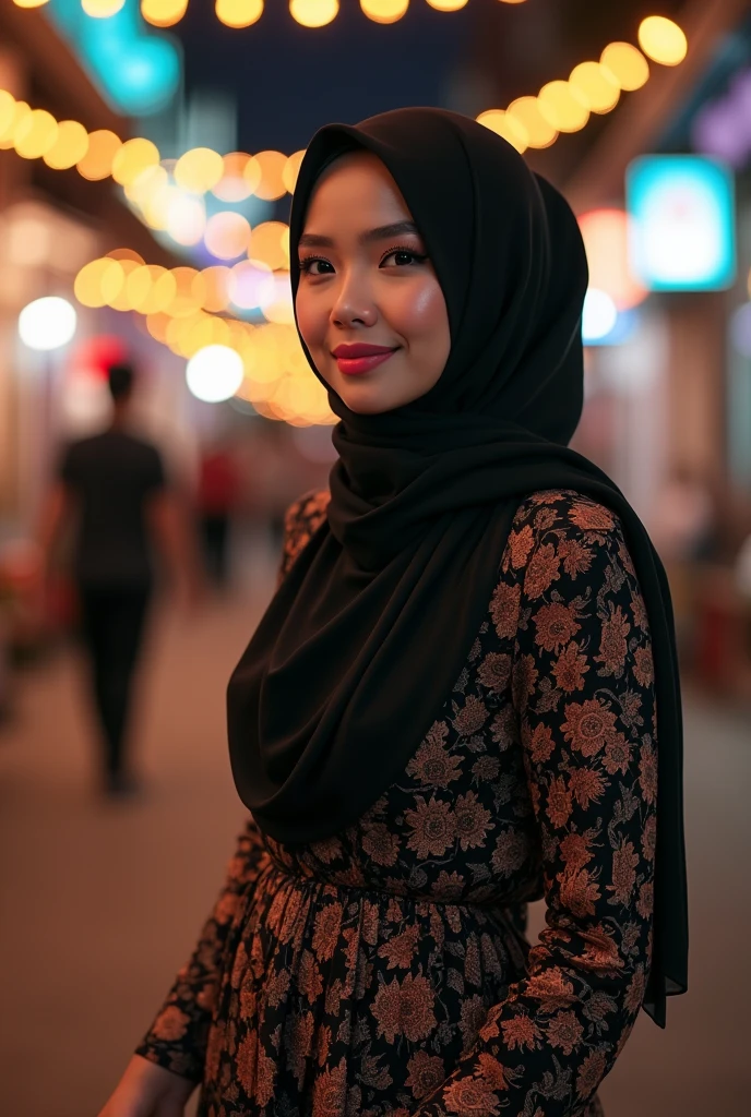 photorealism:1.2), beautiful indonesian woman, slightly fat body, standing on Kuala lumpur night street, wearing pattern long gamis dress, soft black syar'i hijab, sneaker shoes, bold make up, pink lipstick, real photoshoot, out doors, soft lighting, Kuala lumpur Malaysia city background, good lighting, cozy room, relaxed pose, realistic, intricate details, warm colors, HD