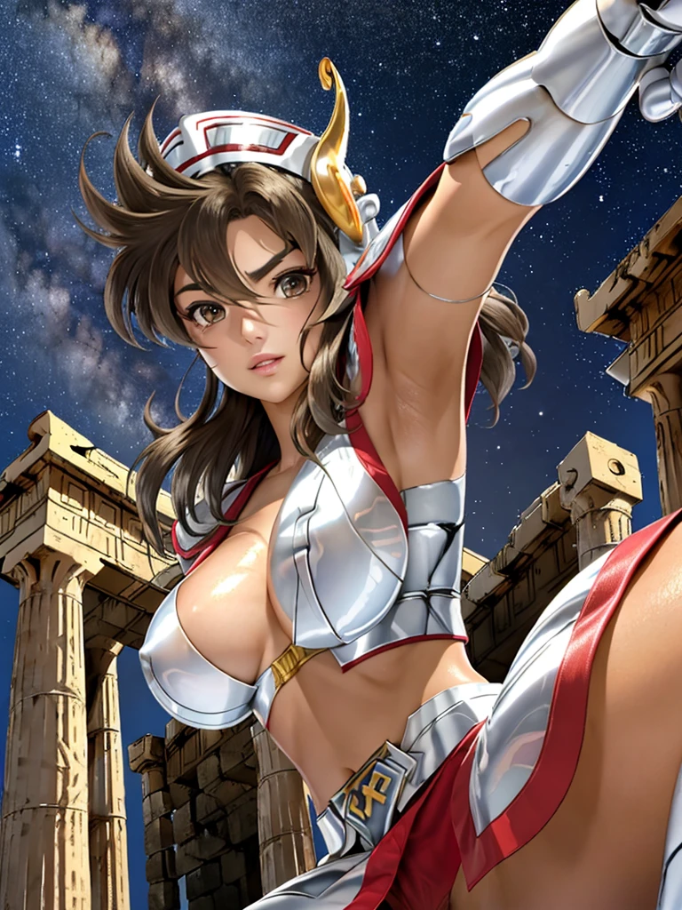masterpiece, best quality, ultra high res, realistic skin texture,silver armor, armature, (photorealistic:1.4), high resolution, raw photo, 1 girl, shiny skin, (detail skin:1.2), realistic skin texture, best lighting, wearing red panty, (perfect breast:1.3), sparkle, mecha armor, (short hair:1.2), (Pegasus Seiya:1.2), wearing a winged helmet, dramatic lighting, dynamic pose, (greek temple background:1.3), night sky, cosmos, milky way,