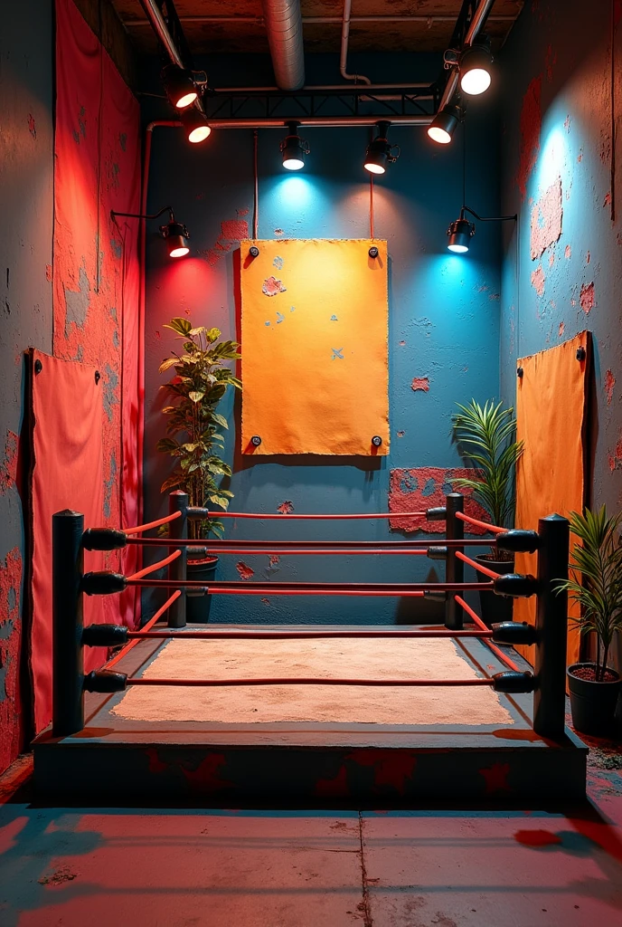 Decorate a wrestling themed background without characters that is creative but handmade with simple materials, It's for a streaming show, play with led lights