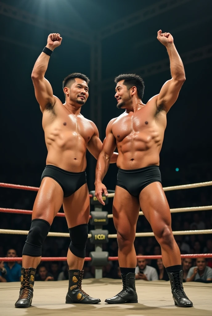 A young Japanese professional wrestler A and a senior Japanese professional wrestler B are in the ring.。They are on the same team。
A is buzzcut and muscular、Wearing short tights。Sweaty。
B is short-haired, muscular, and dark-skinned、Wearing short tights。
A and B put one knee on the ring、Raise your arms and strike a macho pose。
Fujifilm, Looking up from the feet,