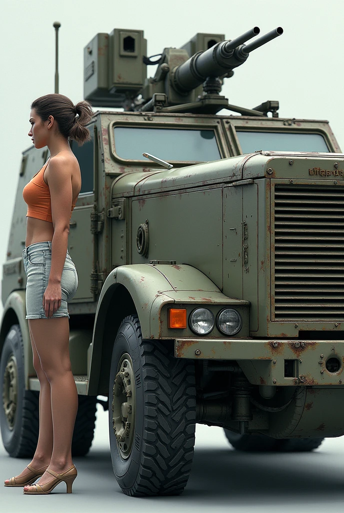 Military vehicle close-up, Highly detailed front angle, High Details 1024,Fine details, Side view, Side view, 右Side view, Two women wearing very, very detailed, heavy on details, Side view