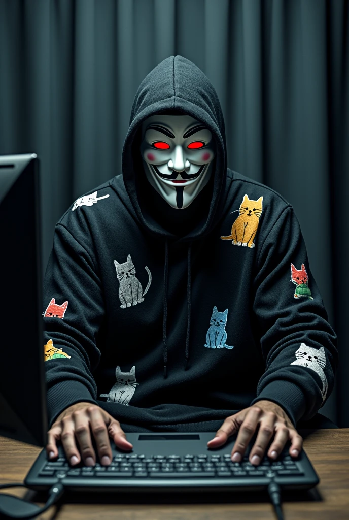 It&#39;s a robust man with a black hooded sweater with drawings of cats of different colors sitting using his hacker computer, he has a white V for Vendetta mask with red eyes with black pupils, behind him there is a black curtain 