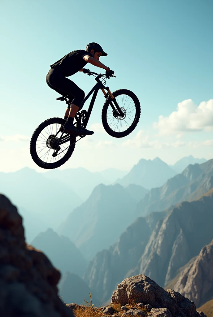 A bike riders jump from mountain on the sky