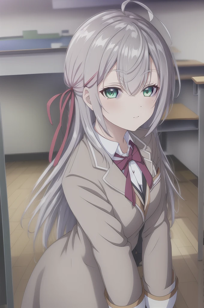 Arisa,One person,一人in,length_hair,Looking_in_Audience,前hair,green_eye,hair_between_eye,hair_ribbon,Ahoge,gray_hair,indoor,School_uniform