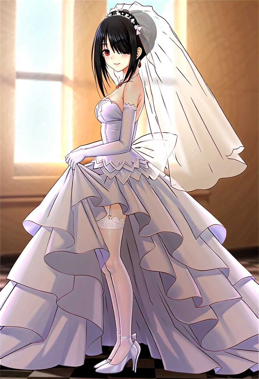 tokisaki kurumi,((masterpiece)),(((best quality))),((ultra-detailed)),((illustration)),((disheveled hair)),((frills)),(1 girl),(solo),1girl,bare shoulders,black hair,bow,bridal veil,bride,checkered,checkered floor,clothes pull,clothing,cross,dress,dress lift,dress pull,earrings,elbow gloves,female,female only,full body,garter straps,glass slipper,gloves,hair bun,hair over one eye,hand on window,headdress,head turned,high heels,jewelry,lace,lace trim,lace-trimmed legwear,lace-trimmed thighhighs,legs,lingerie,long legs,looking at viewer,necklace,open dress,open wedding dress,parted lips,red eyes,shoes,short hair,short hair with long locks,side view,smile,strapless dress,sunbeam,sunburst,sunlight,thighhighs,tied hair,veil,wedding dress,white bow,white legwear,white thighhighs,window,full body,Rating:safe,profile,from side,