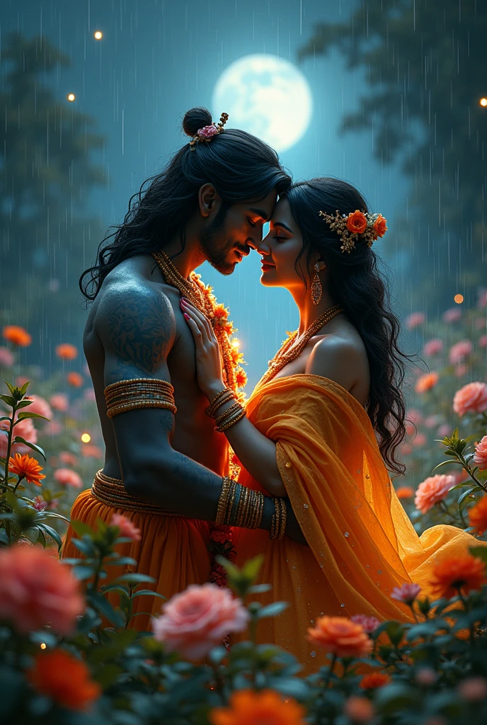 Radha Krishna toking story night buteful light flowers rain ultra high quality
