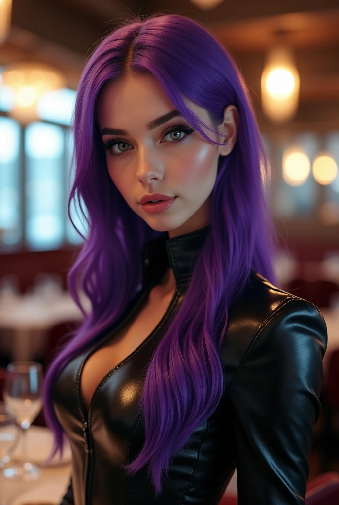 Full lenght, bright purple hair, narrow face, grey eyes, girl, 1, slim figure, almond-shaped eyes, button nose, full lips, european appearance, ultra highly intricate detailed, black eyeliner, leather bodysuite, over knee boots, looking at the camera, professional photography, ultra sharp focus, very beautiful, serving in diner