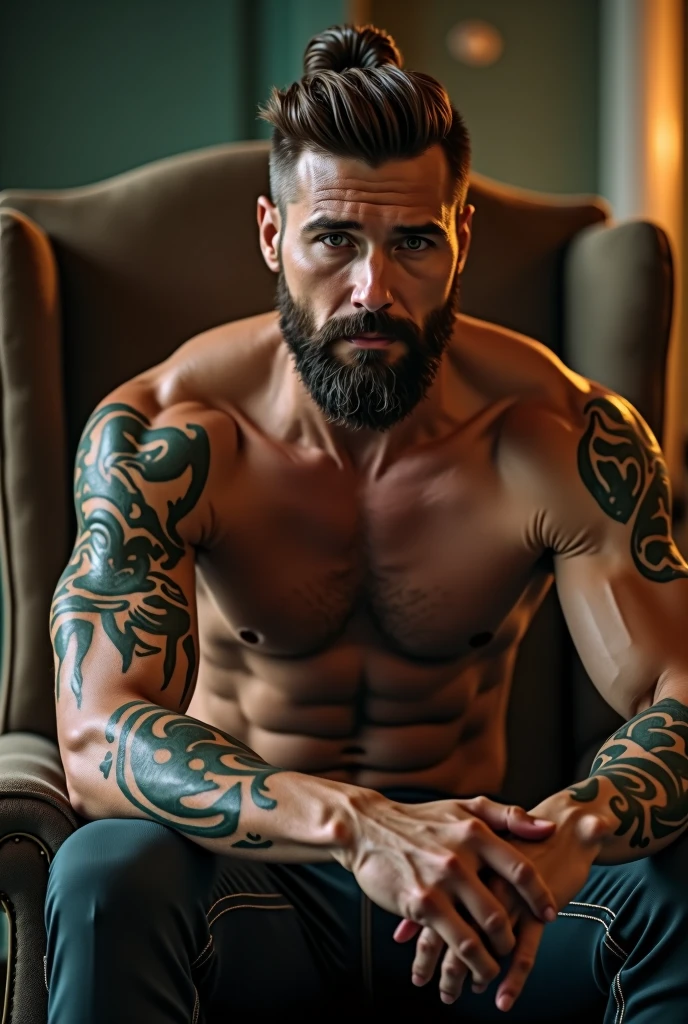 a beautiful sexy man with short brown hair and beard, muscular physique with tattoos, sitting facing forward on an old chair, sensual expression,naked next yo his underwear, (best quality,4k,8k,highres,masterpiece:1.2),ultra-detailed,(realistic,photorealistic,photo-realistic:1.37),hyper detailed skin texture, dramatic lighting, cinematic composition, moody atmosphere, warm color tones