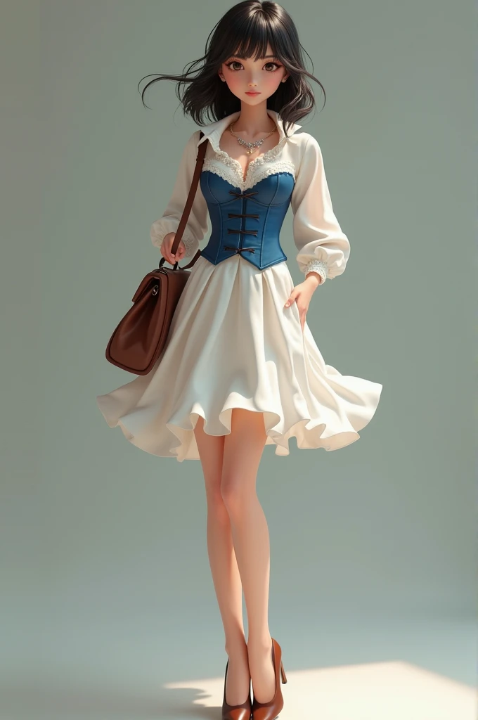 A girl wearing blue corset with white flared skirt and brown heels and a brown bag