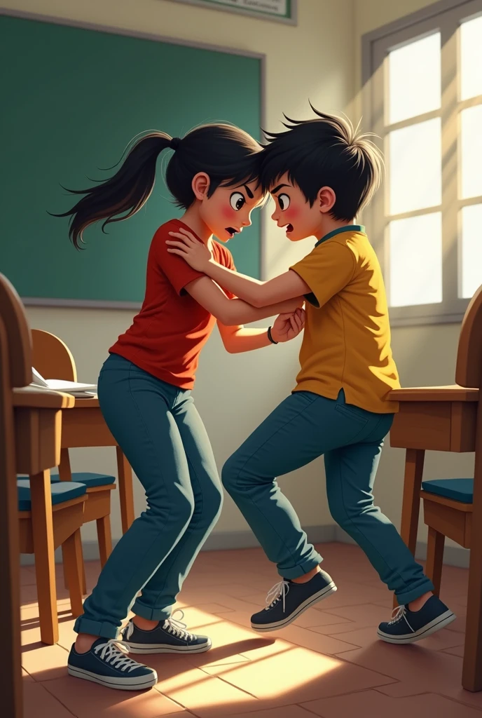 Indian A girl and a boy fighting physical in school India. In pants. Angry face. Inside class