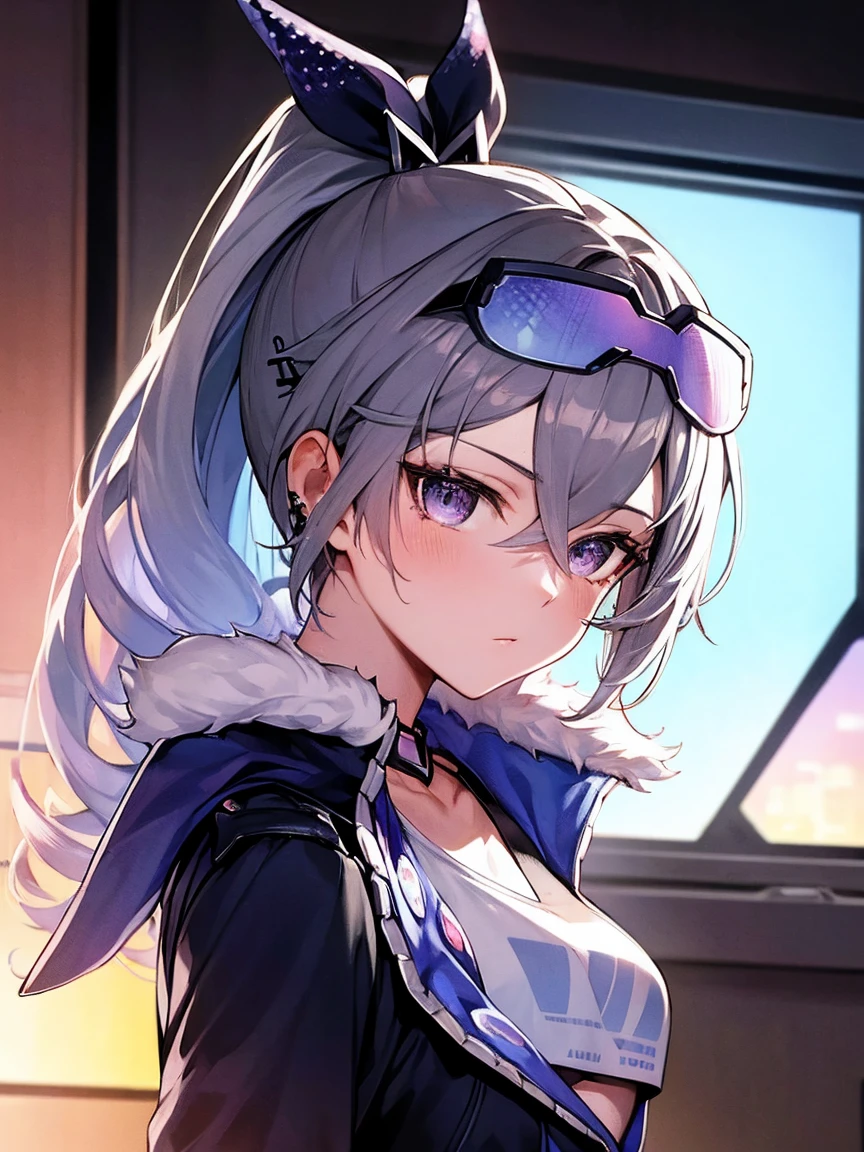 masterpiece, Best image quality, Extremely vivid, Anime Girl，curls，Ponytail, With pictures, White functional coat, small, Blue-purple gradient ski goggles, Cyberpunk characters, White hair, Natural casual style, Dynamic poses, Golden Section, Large aperture portrait, Cool colors, Strong visual impact, A blank slate, Light and shadow contrast, Super texture, Overlooking the city, Sunset, Ultra-clear picturetures,  picture