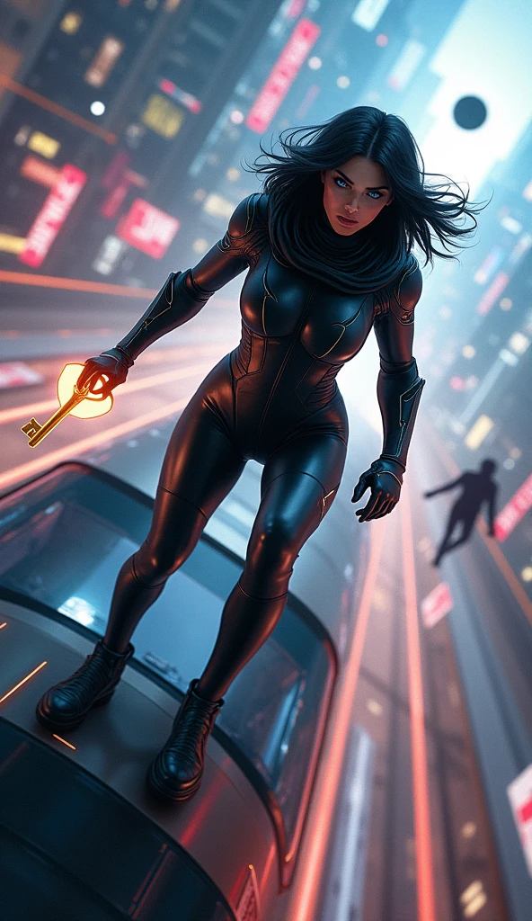 Description:
A high-octane action scene featuring Eclipse, the time-traveling phantom, on a futuristic high-speed train. The scene is set in a vibrant future cityscape with sleek, metallic skyscrapers and flying vehicles in the background. The train, designed with a streamlined, aerodynamic look, zooms through the city at incredible speeds.
Eclipse's Appearance:
Eclipse, wearing a high-tech, form-fitting leather suit designed for extreme speeds, stands firmly on the train's roof. The suit is equipped with anti-gravity features that allow her to move fluidly despite the train's rapid motion. She wears a hood, partially obscuring her jet-black hair, and holds a glowing golden key in her hand. Her deep blue eyes are focused and determined, ready for action.
Action Elements:
Eclipse is engaged in a fierce battle with futuristic enemies equipped with energy weapons and laser guns. The fight takes place on the top of the speeding train, where obstacles and turbulence add to the intensity. Eclipse performs acrobatic maneuvers to dodge attacks and counterstrike, utilizing her suit’s advanced features to adapt to the high-speed environment.
Background Details:
The background features a dynamic blend of futuristic skyscrapers, flying vehicles, and neon lights, creating a sense of speed and modernity. The train’s exterior reflects the city’s lights, adding to the high-energy atmosphere.
Black Hole Detail:
A small, distant black hole is visible in the background, creating a visual distortion effect. Its presence is subtle but noticeable, adding a cosmic dimension to the scene. The black hole’s gravitational influence creates visible warping of light and space around it, hinting at Eclipse's ongoing time-travel adventures.