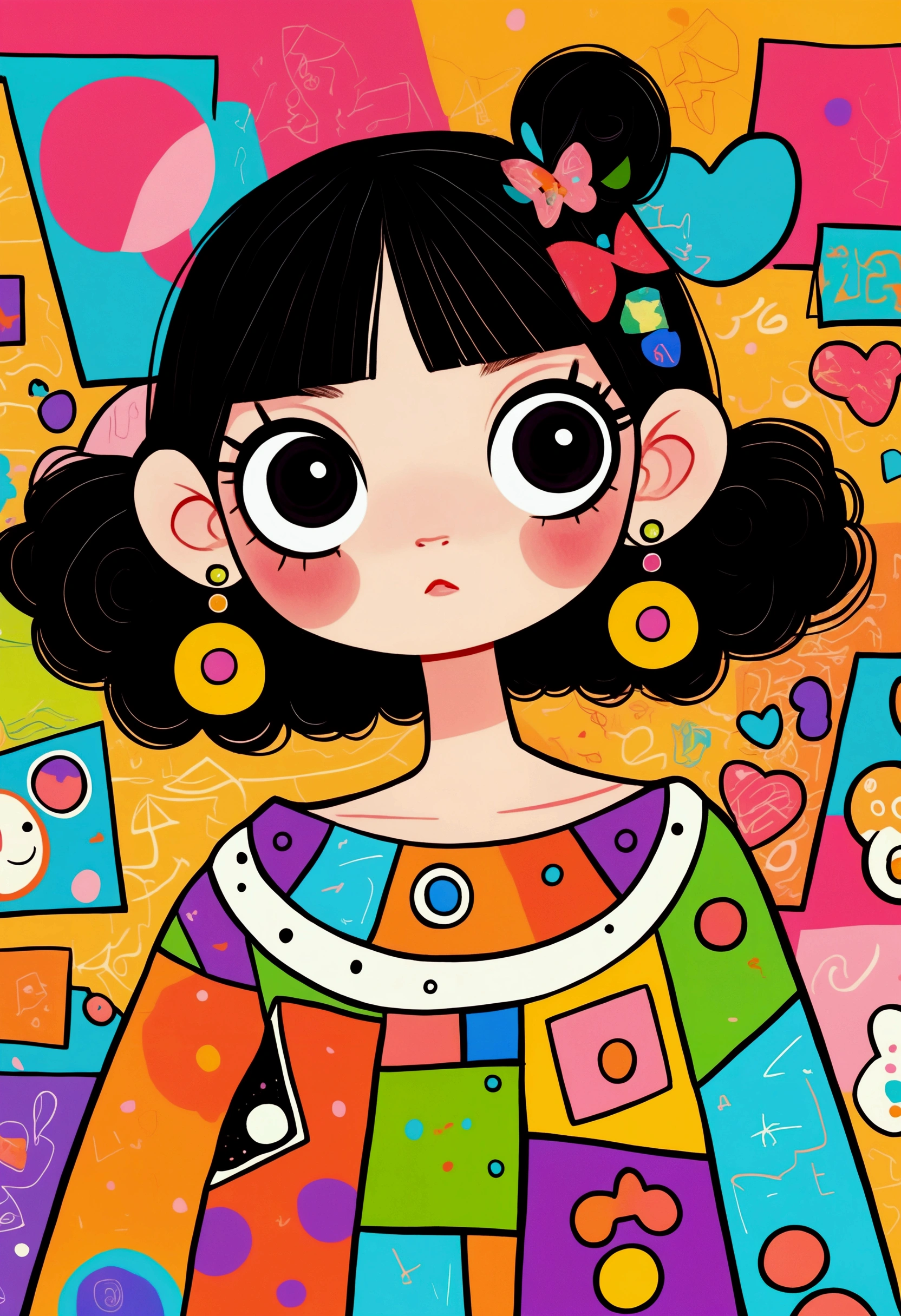 Childish art cartoon，Cartoon girl with black hair and big earrings, Portraits inspired by Hikari Shimoda, Lovely art style, rich and colorful! role conception, kiki picasso style, Digital illustration style, The art of math. rich and colorful comic, Hand drawn cartoon art style，Colorful geometric background，Black Lines