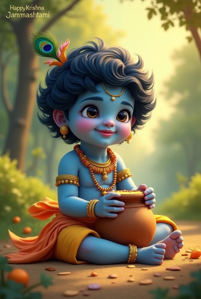 a cute little Krishna Ji eating makkhan from the mud pot sitting in beautiful scenario. Write "Happy Krishna Janmasthami" on the top left in small but attractive way. Make sure to make lord Krishna has light blue skin and smiling cutely and a peacock' s one feather on his head.