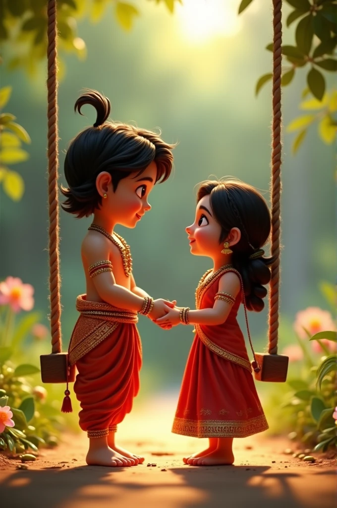Need a 3D animation style-Radha's Request**
   - "Little Radha, wearing a beautiful traditional outfit in shades of red and gold, stands next to Krishna by the swing. She looks at Krishna with wide, innocent eyes, asking if she can sit on the swing too. Krishna is shown smiling warmly, inviting her to join him."