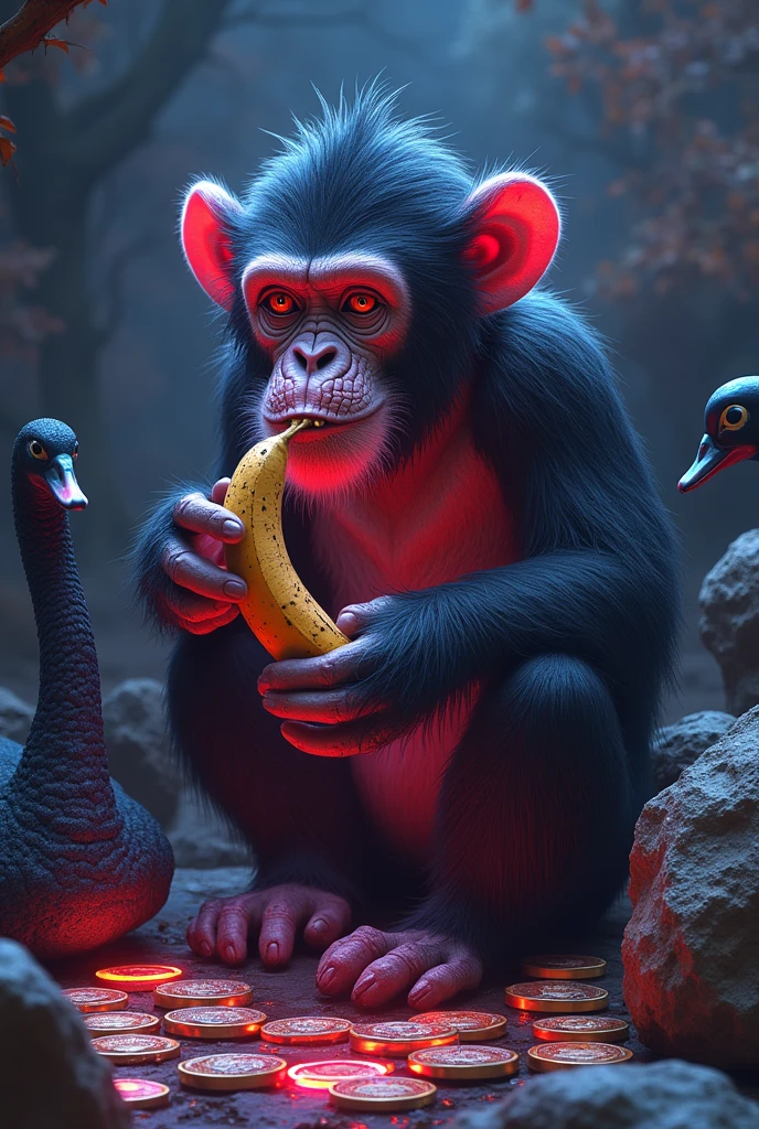 Monkey with germs neon glowing, eating a poisoned banana sittijg beside a rock witha captain hat, and a black swan surrounsed by meme coins, and the $DOGE dog
Poisones minds