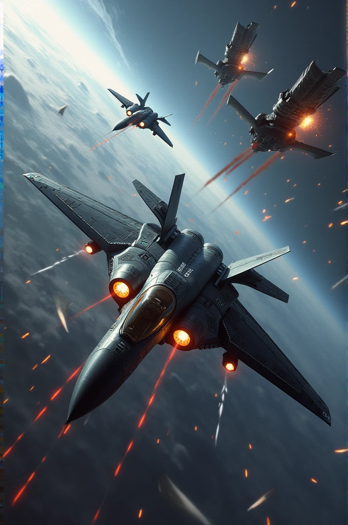 A fighting jet in space fighting with aliens
