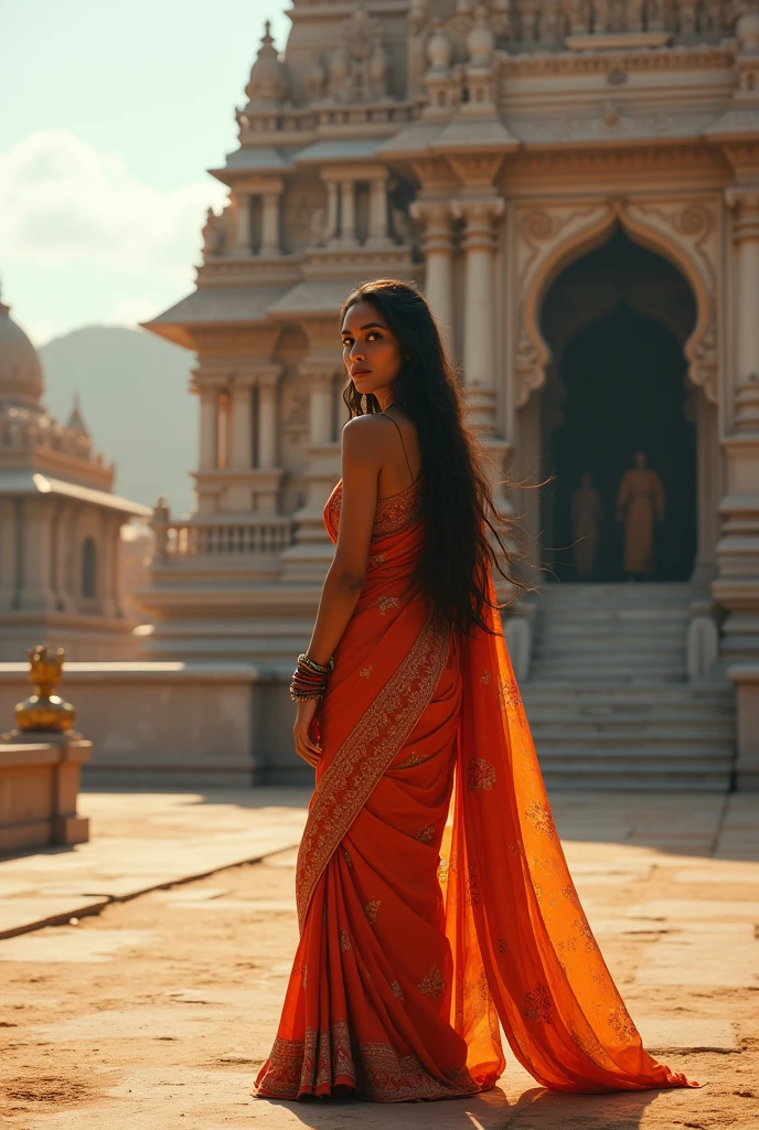A single Indian 2 girl with long hair wearing saree in outside the temple