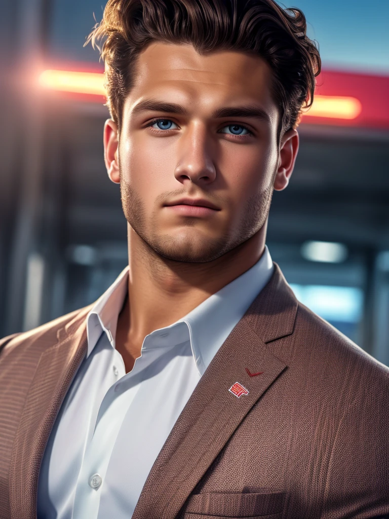 close up photo of Nick Bosa , parking lot, shirt, pants, suit, work clothes, looking at viewer, cinematic lighting, detailed face, detailed eyes, masterpiece, high resolution, perfect face,