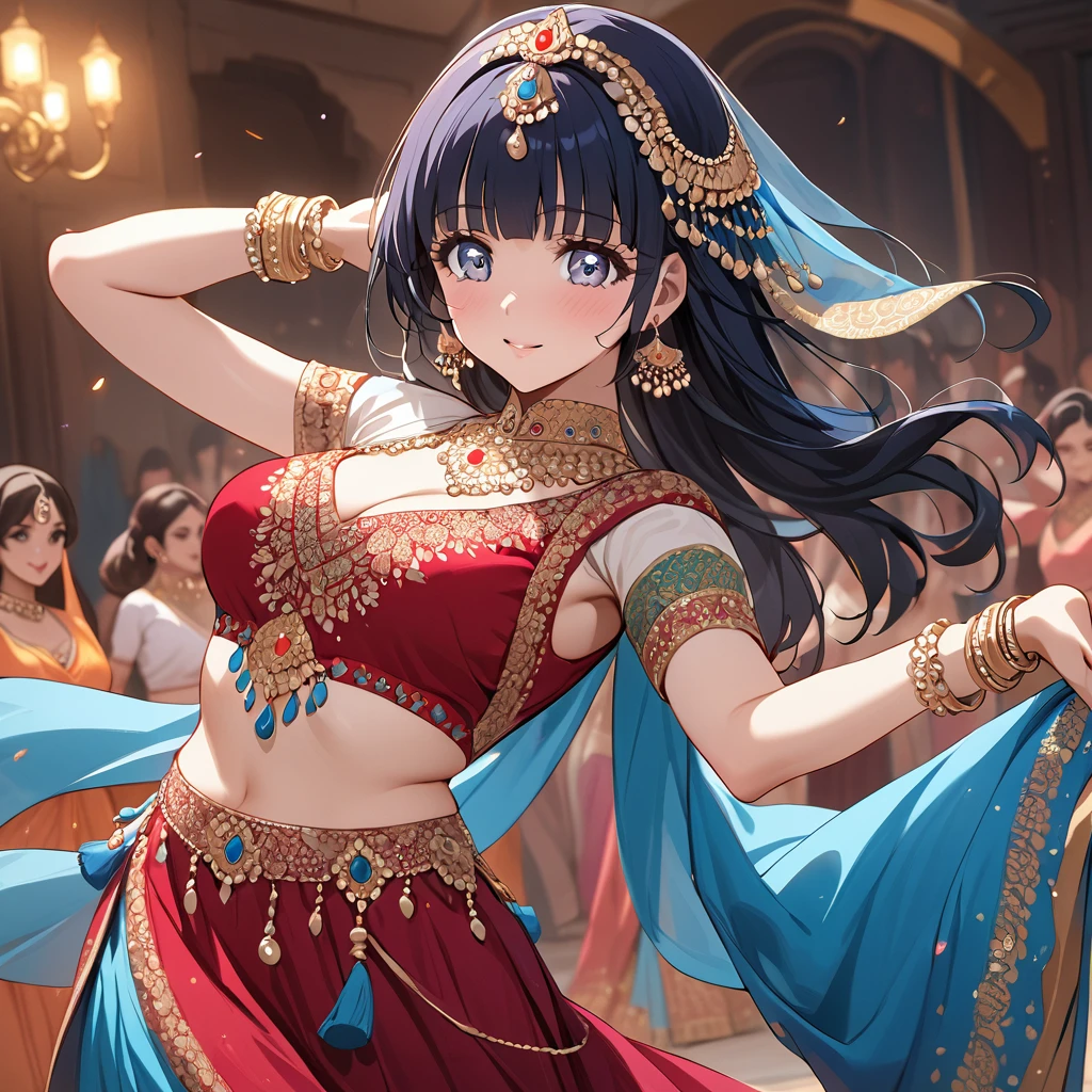 ((Highest quality)), ((masterpiece)), (detailed), (Perfect Face)、The woman is Reika Aoki with semi-long hair、A woman is dancing Bollywood dance in a Bollywood costume in India