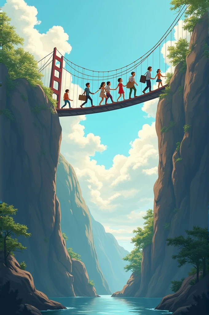 Imagery: Envision a dynamic bridge spanning between two cliffs. Family members are depicted on the bridge, helping each other across. Some might be carrying symbolic items representing significant life changes (like moving boxes or career briefcases). The background includes elements like a new home or job site to indicate transition points.
Setting: The scene is set in a lively, supportive environment, with the bridge as a symbol of unity and the family working together to overcome obstacles.