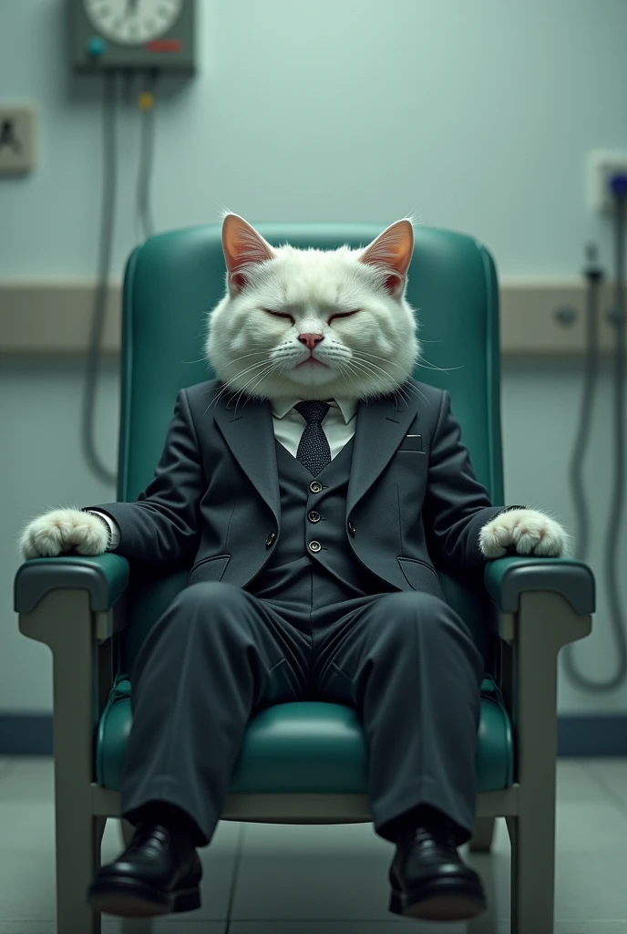 The white cats  father   white cat in suit is sitting in a chair in a hospital room in sad mood.