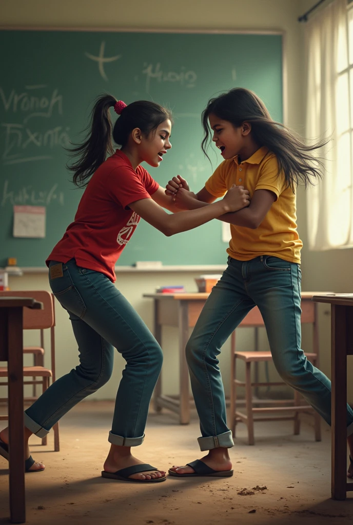 Indian A girl and a boy fighting physical in school India. In pants. Angry face. Inside class