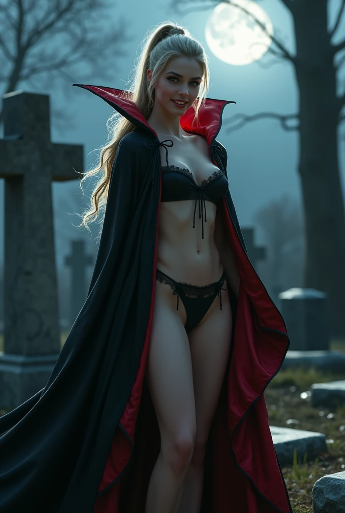 (RAW photo, best quality, masterpiece, ultra-detailed, high res), (realistic),(extremely
delicate and beautiful:1), mesmerizing vampire woman with long blonde hair in high
ponytail detailed features, smiling , showing vampire fangs , (((wearing floor
length black and red lined satin cape tied at the neck with ribbon ties))) , lingerie , standing
in a moonlight graveyard , imaginative, highly detailed, extremely high-resolution details,
photographic, realism pushed to extreme, fine texture, 8k, ultra-detailed, high quality, high
contrast, full body shot
