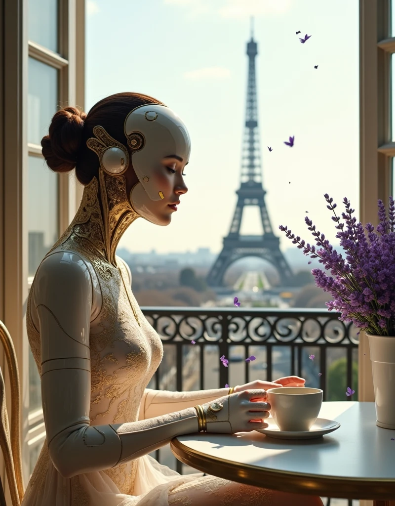 robot woman, on balcony at table with cup of coffee, lavender bouquet in vase, gold filigree couture clothing, cutout design, delicate lace pattern, intricate details, metallic feathers, ancient chinese style, with exquisite details, in front of eiffel tower, chowboy style shot, biomimicry, metallic particles, surreal, clam, classic, details, cinematic quality, minimalism