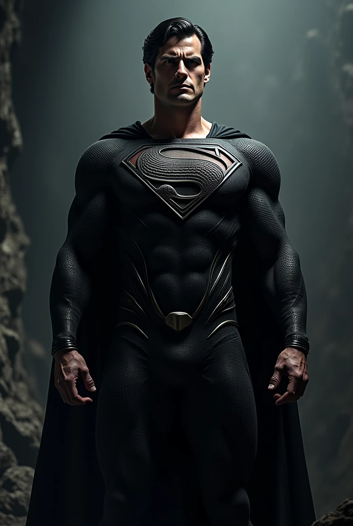 Superman is standing with his snake emblem symbol with a python annaconda and black theme on his chest, his costume is a black.